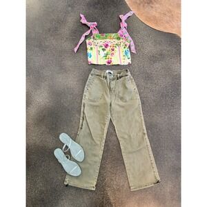 Rose + Olive Resort Floral Crane Print Crop Top Tie Shoulder Smocked Back Small